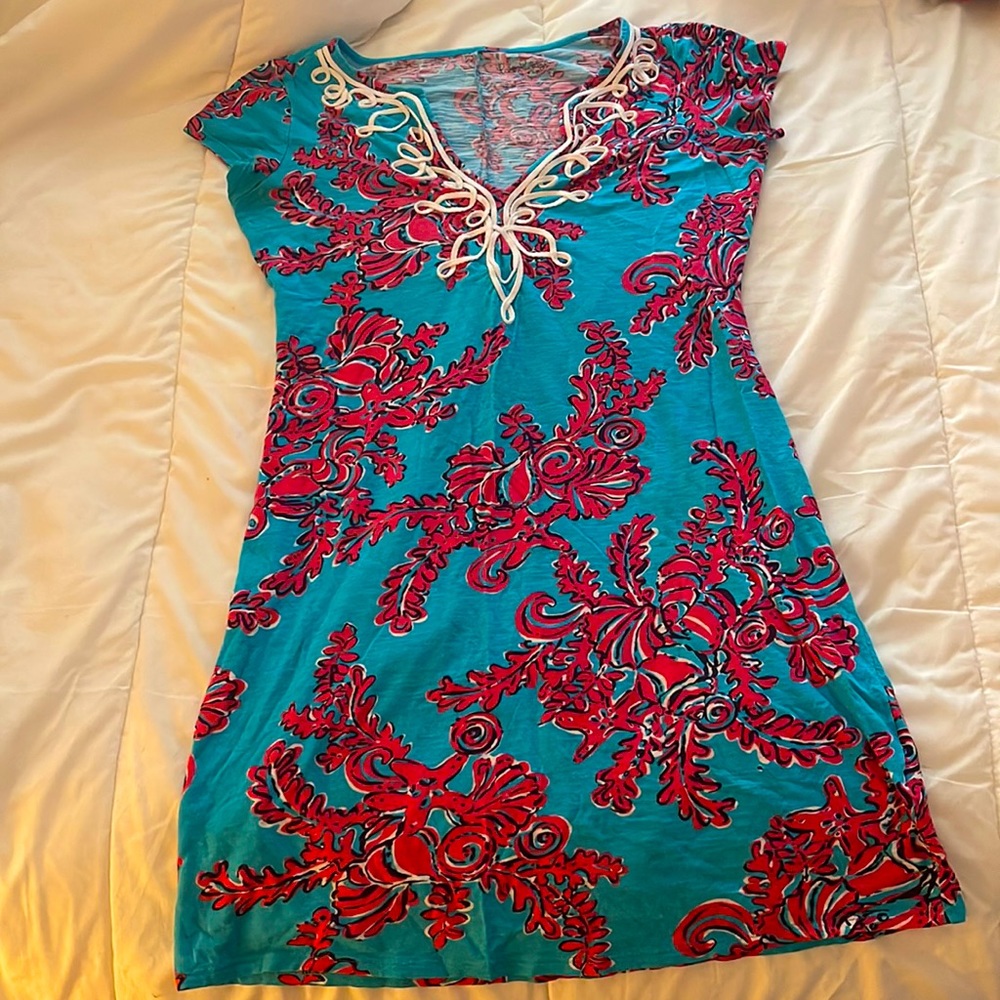 Lilly Pulitzer Brewster Blue Red White Applique Short Sleeve Cotton Dress